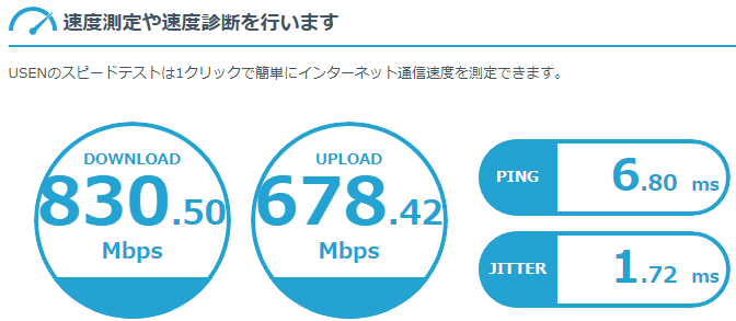 NURO光 実測データ：Download 830.50Mbps / Upload 678.42Mbps / Ping 6.80ms / Jitter 1.72ms